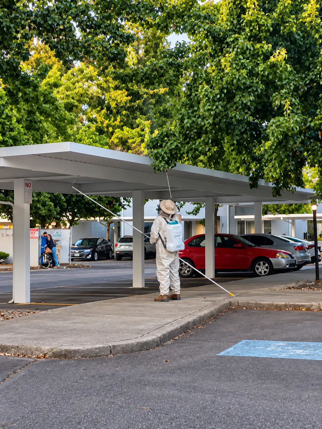 A Cherry City Pest Control technician in protective gear treating a nest along a carport roofline